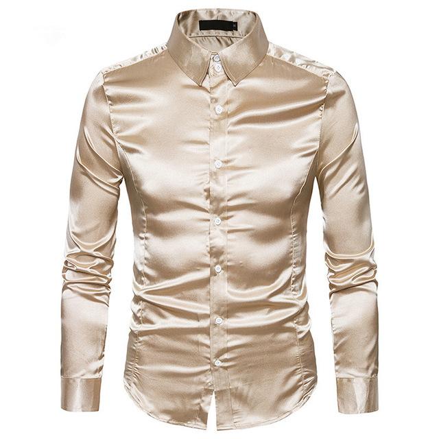 all in one place בגדי גברים Men's Silk Shirt Long Sleeve Lapel Single Breasted Black Gold Satin Casual Slim Fit Social Formal Man Clothing