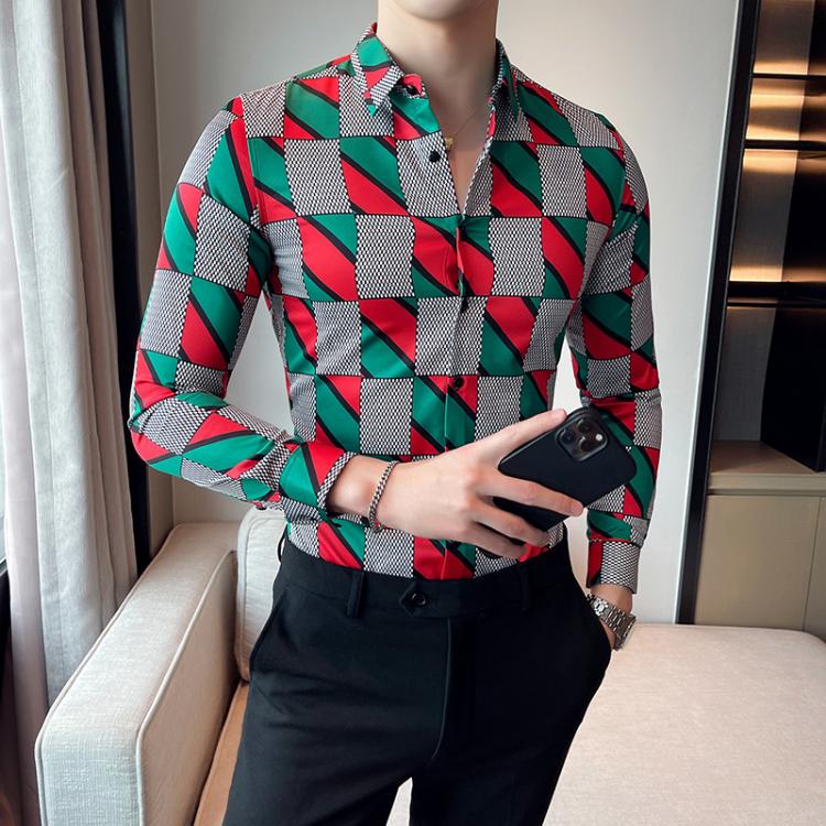 all in one place בגדי גברים Fashion Plaid Printed Shirts 2021 Men Long Sleeve Slim Fit Business Casual Formal Dress Shirts Homme Social Party Club Clothing