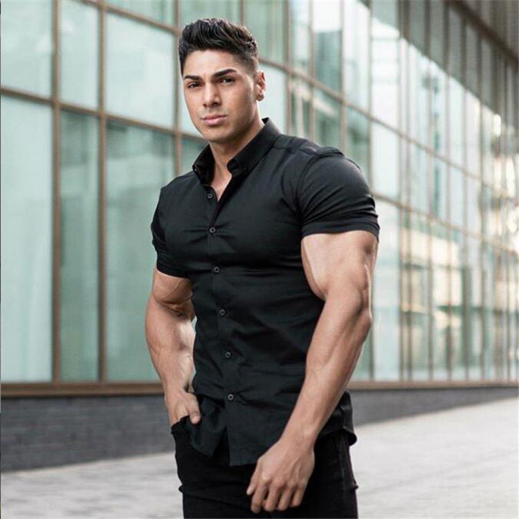 all in one place בגדי גברים Summer Fashion Short Sleeve Shirt Men Super Slim Fit Male Casual Social Business Dress Shirt Brand Men Fitness Sports Clothing