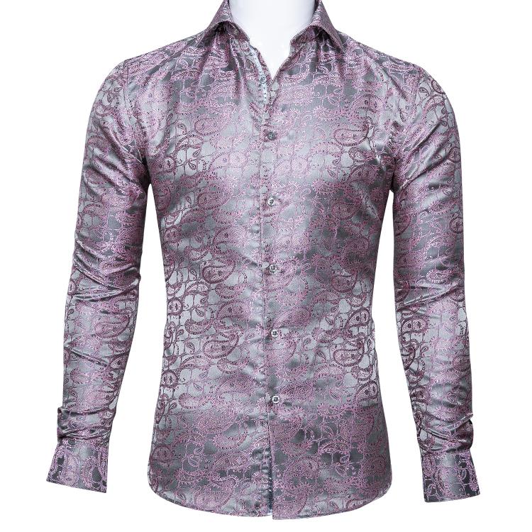 all in one place בגדי גברים Barry.Wang Luxury Pink Paisley Silk Shirts Men Long Sleeve Casual Flower Shirts For Men Designer Fit Dress Shirt BCY-0024