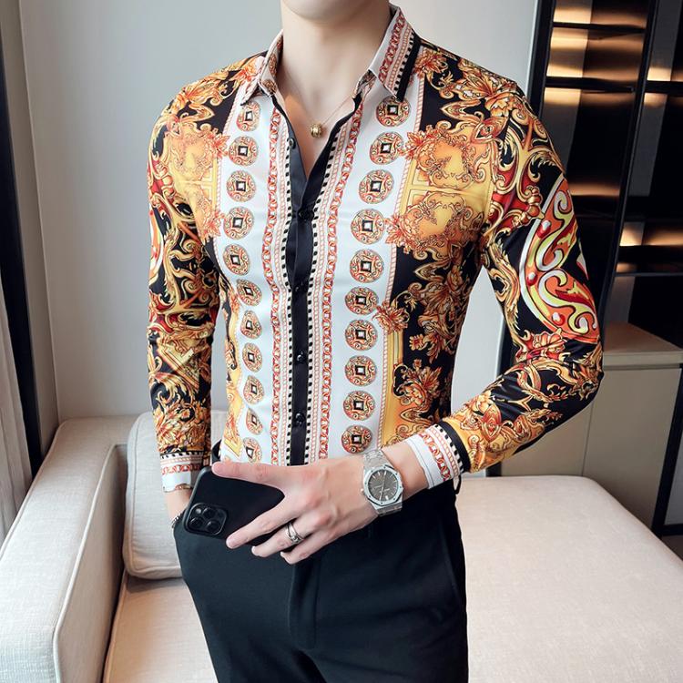 all in one place בגדי גברים Luxury Royal Gold Print Men Shirt Brand Clothing Men Long Sleeve Slim Fit Business Formal Dress Party Club Fashion Shirt Homme