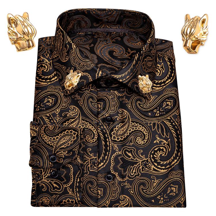 all in one place בגדי גברים Gold Paisley Silk Men Shirts Long Sleeve Casual Flower Shirts For Men Dress Shirts Barry.Wang Designer Leopard Collar Pin