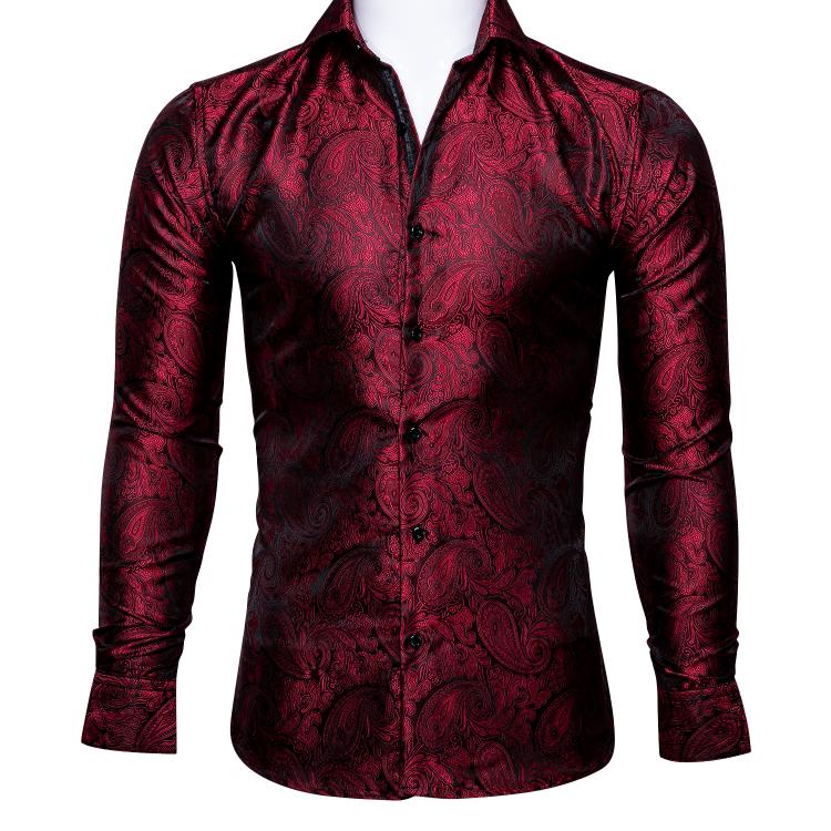 all in one place בגדי גברים Barry.Wang Luxury Red Paisley Silk Shirts Men Long Sleeve Casual Flower Shirts For Men Designer Fit Dress Shirt BCY-0026