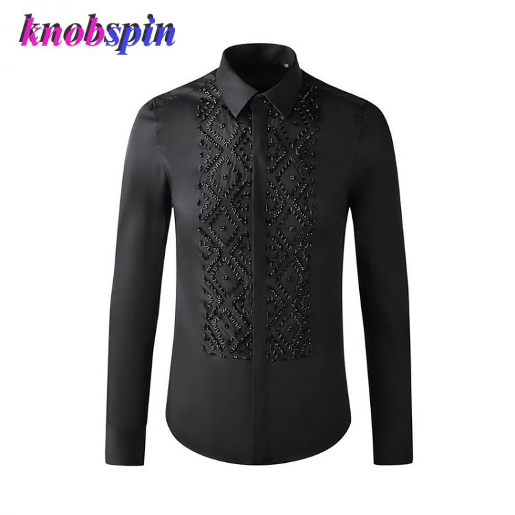 all in one place בגדי גברים Black Stone Beaded Geometric metal Men Shirt Long Sleeve Slim Chemise homme High quality Cotton Business Male Dress Shirts