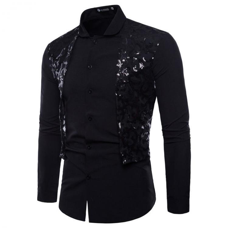 all in one place בגדי גברים Men's Fashion Sequin Lace Decorated Long Sleeve Shirt Lace Patchwork Retro Shirt Formal Shirts For Men Dress Shirt Men Black