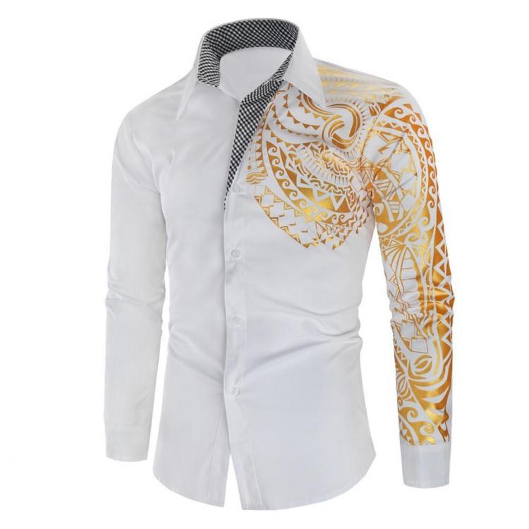 all in one place בגדי גברים Luxury Men Shirt Men  Hot Stamping Totem Print Turn Down Collar Button Slim Shirt Long Sleeve Top Men Public Club Fancy Shirt