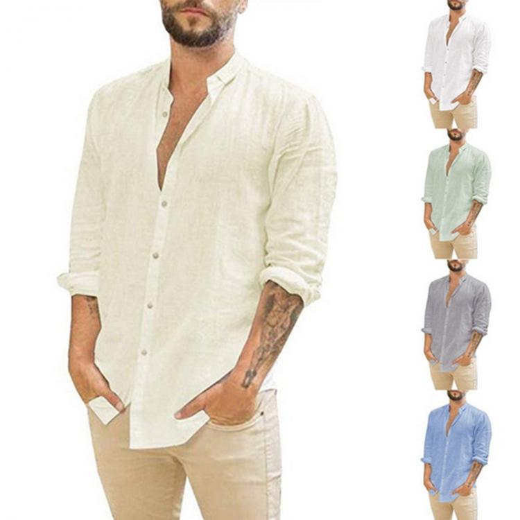 all in one place בגדי גברים 2021 European And American Men's New Linen Cardigan Casual Stand-neck Long Sleeve Shirt in Solid Color