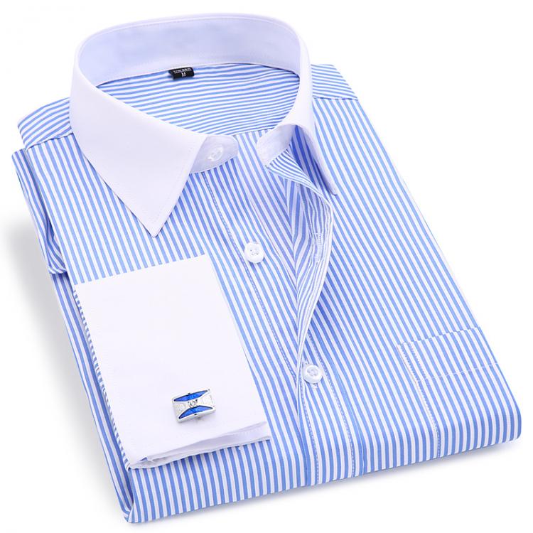 all in one place בגדי גברים French Cuff Dress Long Sleeve Shirt For Men Stripe Twill Regular Fit Business Work Formal Wedding Male Shirt Has Metal Cufflinks