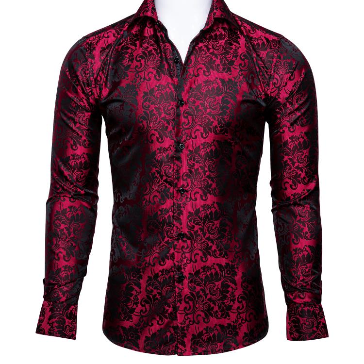 all in one place בגדי גברים Barry.Wang Luxury Red Floral Silk Shirts Men Long Sleeve Casual Flower Shirts For Men Designer Fit Dress Shirt BCY-0028