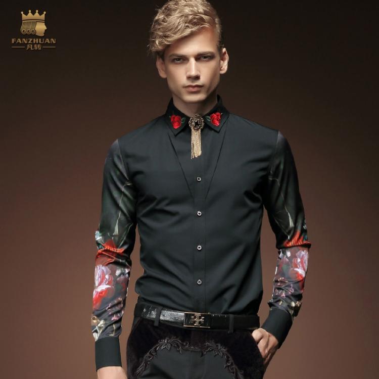 all in one place בגדי גברים Free Shipping New fashion casual men's personality male Korean long sleeved shirt black embroidery flower shirt 2033 FanZhuan
