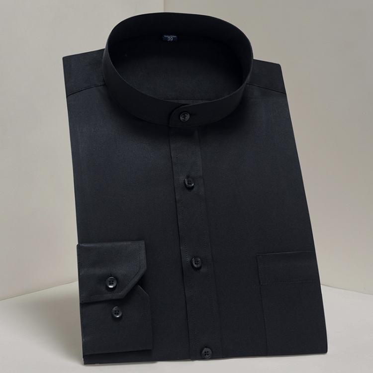 all in one place בגדי גברים Men's Long Sleeve Banded Collar (Mandarin Collar) Dress Shirt Patch Chest Pocket Black/White Smart Casual Standard-fit Shirts