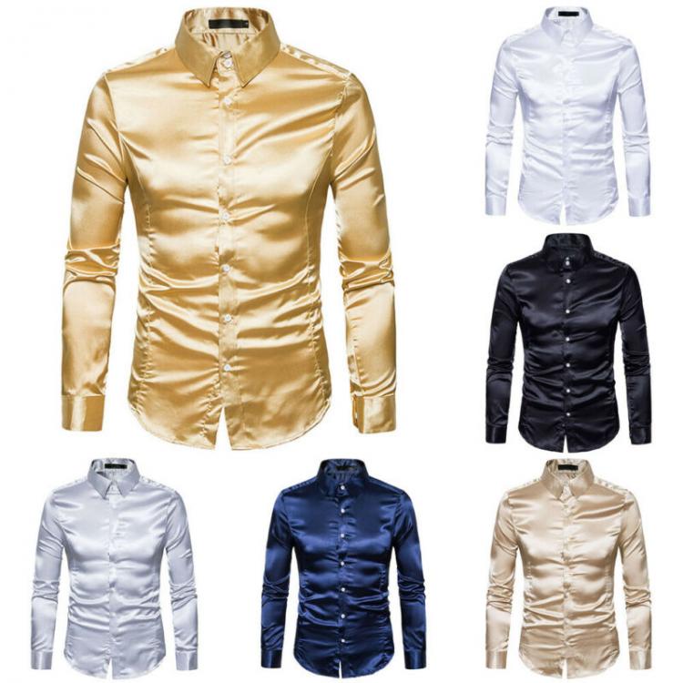 all in one place בגדי גברים Plus size S-XXL Men Shirt Silk Satin Smooth Men Solid Tuxedo Business Shirt Men Casual Slim Fit Shiny Gold Wedding Dress Shirts