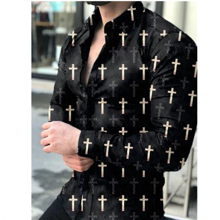 all in one place בגדי גברים Men's Business Dress Shirts Cross print Black Slim Spring&Autumn Men's Casual Shirt Long Sleeve Formal Button-Down C