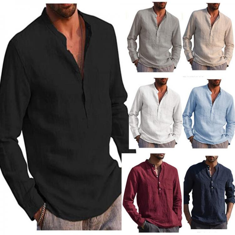 all in one place בגדי גברים 2021 Summer Fashion Men's Casual Shirt Long-Sleeved V-neck Casual Beach Linen Men's Shirt