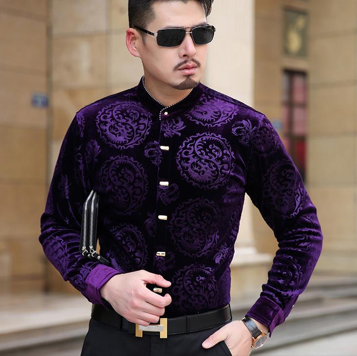 all in one place בגדי גברים Men Shirts Stand Collar Long Sleeve Velvet Dress Shirt Man Business Fashion Chemise Masculina Camisa Vetement Homm Drop Shipping