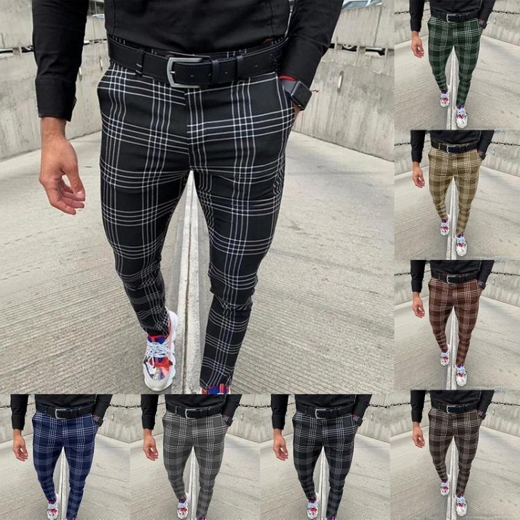 all in one place בגדי גברים Men's Casual Pants Plaid Social Slim Fit Black Trousers Zipper Mid Waist Skinny Business Office Work Party Male Summer Stretc