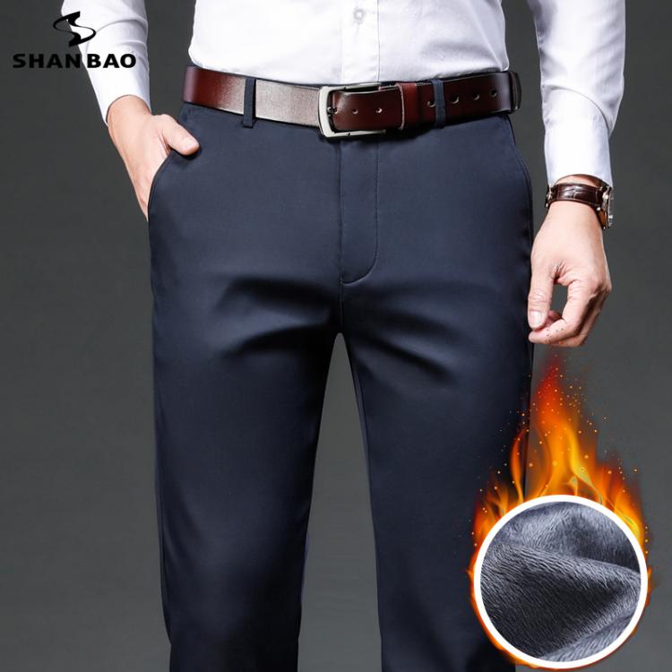 all in one place בגדי גברים SHAN BAO 2021 winter brand fleece thick warm fit straight trousers business casual men's high waist lyocell classic pants