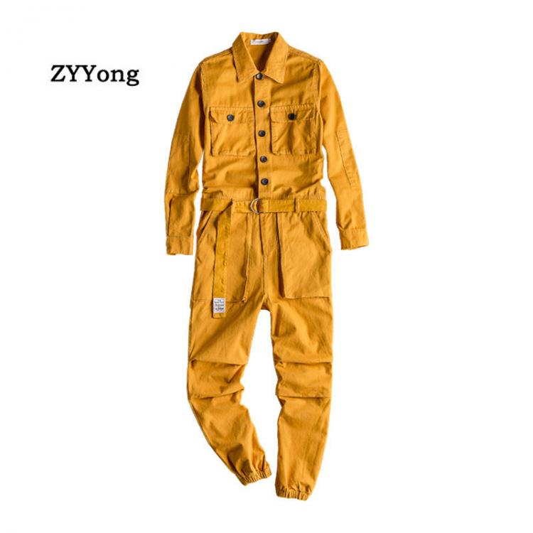 all in one place בגדי גברים Men's Jumpsuit Lapel Long Sleeve Multi-Pocket Ankle Length Beam Feet Overalls Fashion Black Yellow Freight Trousers  Cargo Pa