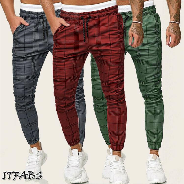 all in one place בגדי גברים Casual Men Plaid Pants Gym Long Sport Pants Stretch Slim Trousers Running Joggers Gym Sportpants