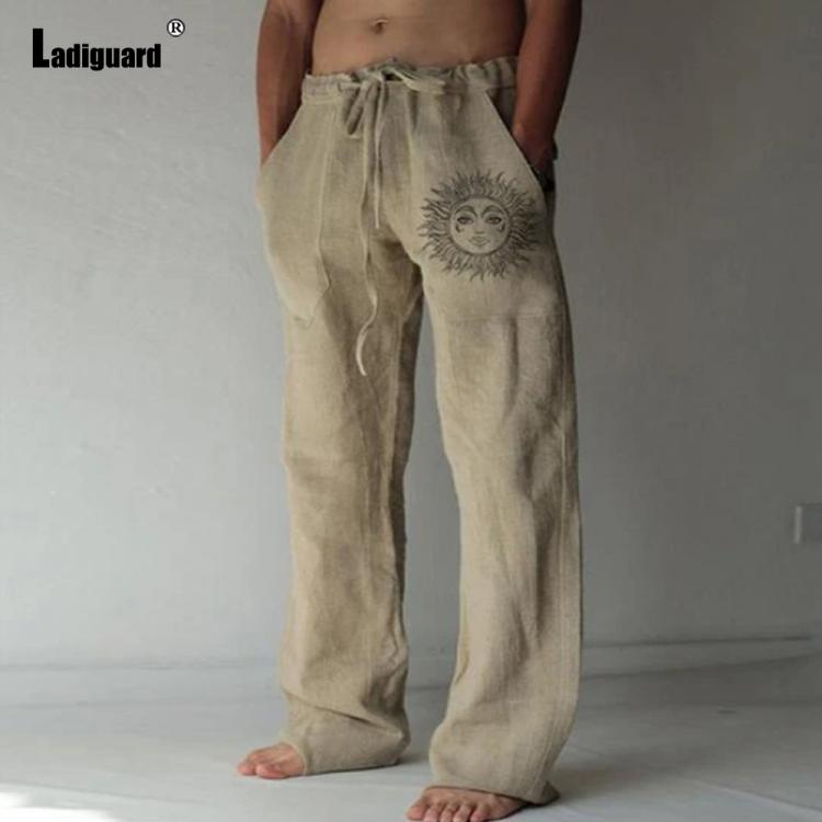 all in one place בגדי גברים Plus Size 3xl Mens Loose Pants 2021 Summer Casual Linen Pants Male Fashion Print Trouser Men Patchwork Drawstring Leisure Pant