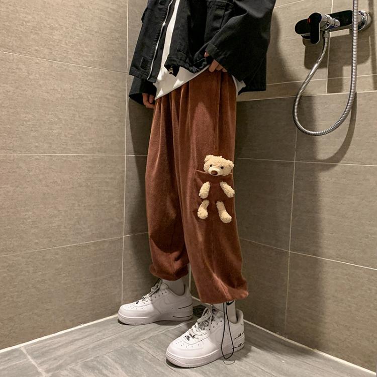 all in one place בגדי גברים Trendy Loose Corduroy Bear Guard Pants Spring and Autumn Pants Male Ins Hong Kong Wind All-match Casual Pants Street Wear Pants