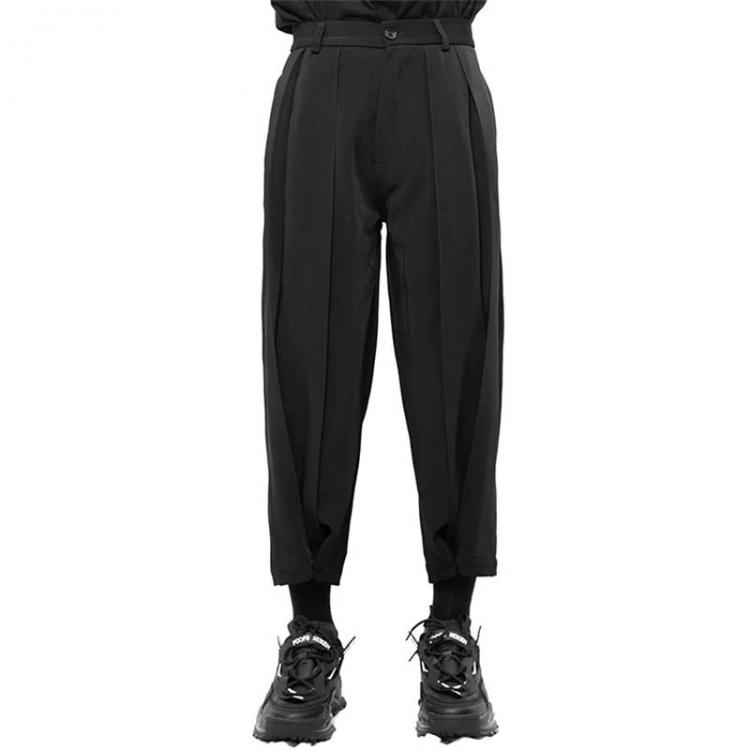 all in one place בגדי גברים Men's Casual Pants Short Leg Pleated Pants Button Zipper Warrior Pants Dark Black Straight Tube Loose Large Pants