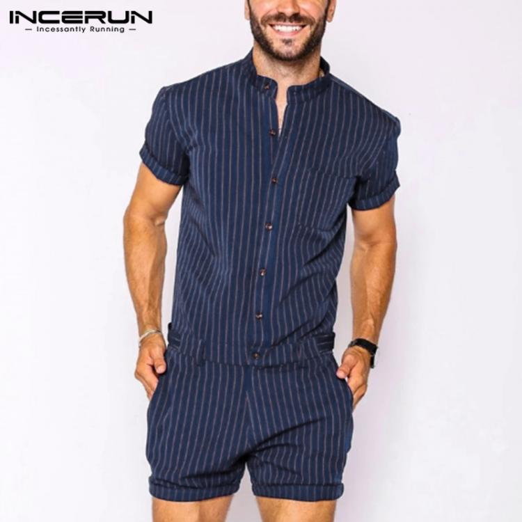 all in one place בגדי גברים INCERUN Striped Men Rompers Breathable Stand Collar Short Sleeve Joggers Playsuits Streetwear Fashion Men Jumpsuits Shorts S-5XL