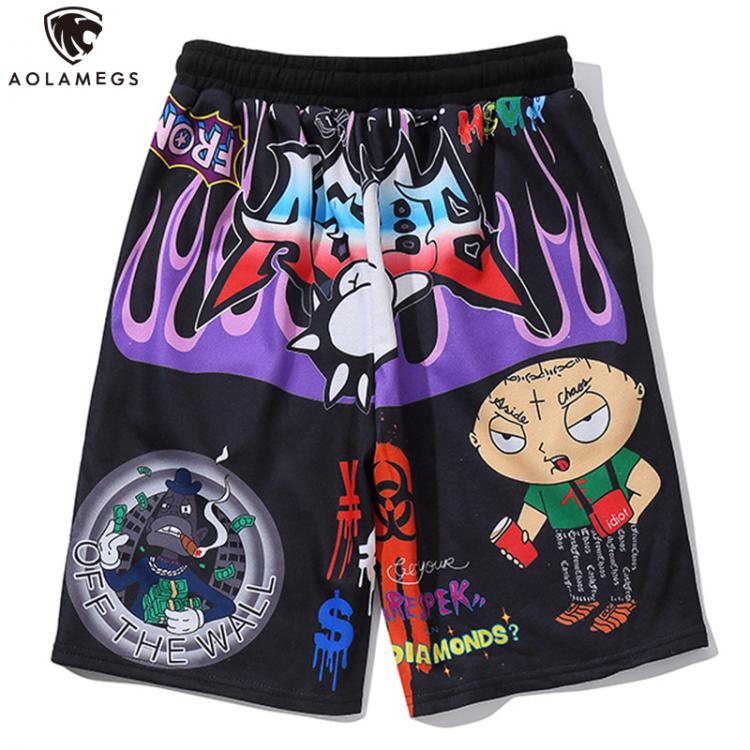 all in one place בגדי גברים Aolamegs Shorts Men Cartoon Graffiti Print Bermuda Beach Knee-length Shorts Hip Hop Elastic Waist High Street Summer Sweatpants