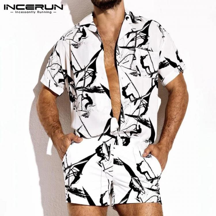 all in one place בגדי גברים Summer Men Rompers Shorts Streetwear Printing Short Sleeve Beach Hawaiian Playsuits Button Casual Men Jumpsuits INCERUN 2021