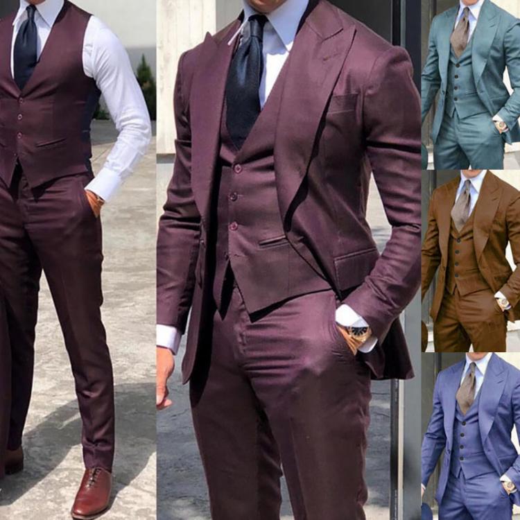 all in one place בגדי גברים Newest Brown Classic Men Suit 3 Pieces Tuxedo Peak Lapel Groom Wedding Suits Set Burgundy Men Business Blazer Jacket Pants Vest