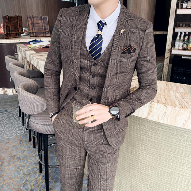 all in one place בגדי גברים ( Jacket + Vest + Pants ) Boutique Fashion Mens Plaid Casual Business Suit High-end Social Formal Suit 3 Pcs Set Groom Wedding