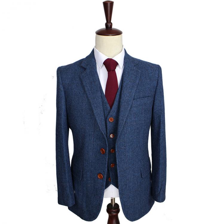 all in one place בגדי גברים Wool Blue Herringbone Retro gentleman style custom made Men's suits tailor suit Blazer suits for men 3 piece (Jacket+Pants+Ve