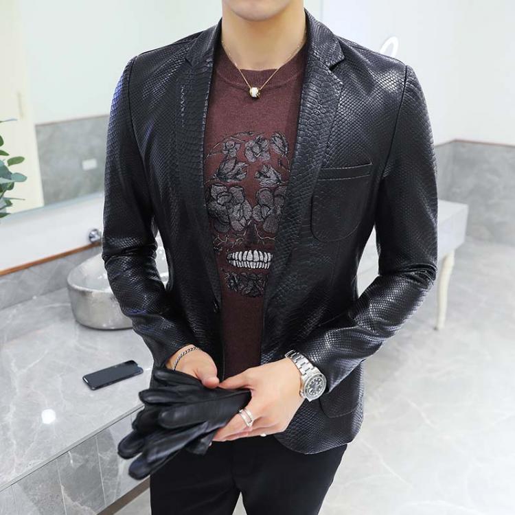 all in one place בגדי גברים Men Suit Black Slim Fit Blazer Hombre PU Leather Jacket Male One Button Business Casual Prom Korean Suit Coat