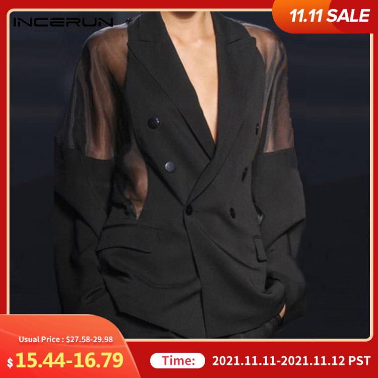 all in one place בגדי גברים Men Blazer Mesh Patchwork See Through Streetwear Double Breasted Lapel Long Sleeve Outerwear Fashion Men Casual Suits INCERUN