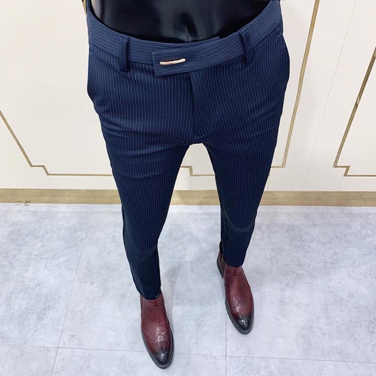 all in one place בגדי גברים Chic Striped Navy Blue Pants Men Elegant Slim Fit Tight-ankle Suit Trousers Pants For Men Office Party Trousers Mens Dress Pants
