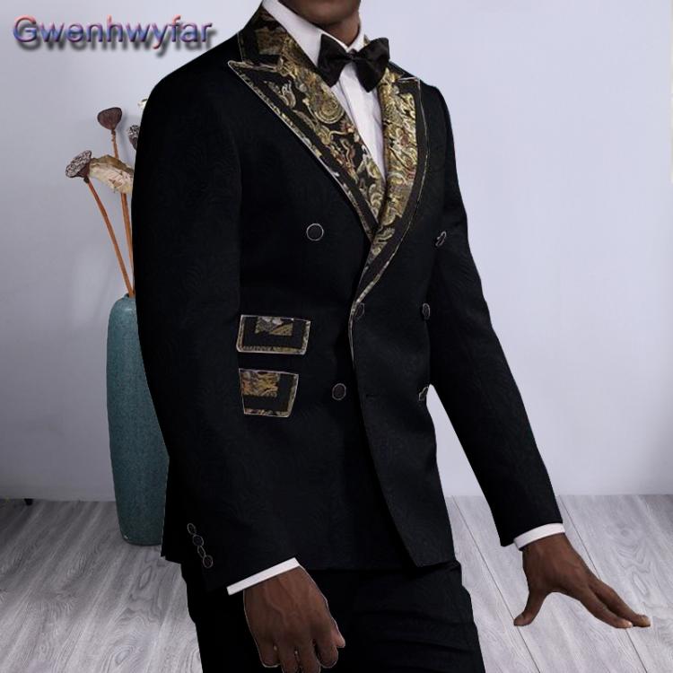 all in one place בגדי גברים Gwenhwyfar Custome Homme Wedding Suits For Men Print Peaked Lapel Black Party Groomsmen Tuxedos Two Pieces Set Blazer With Pants