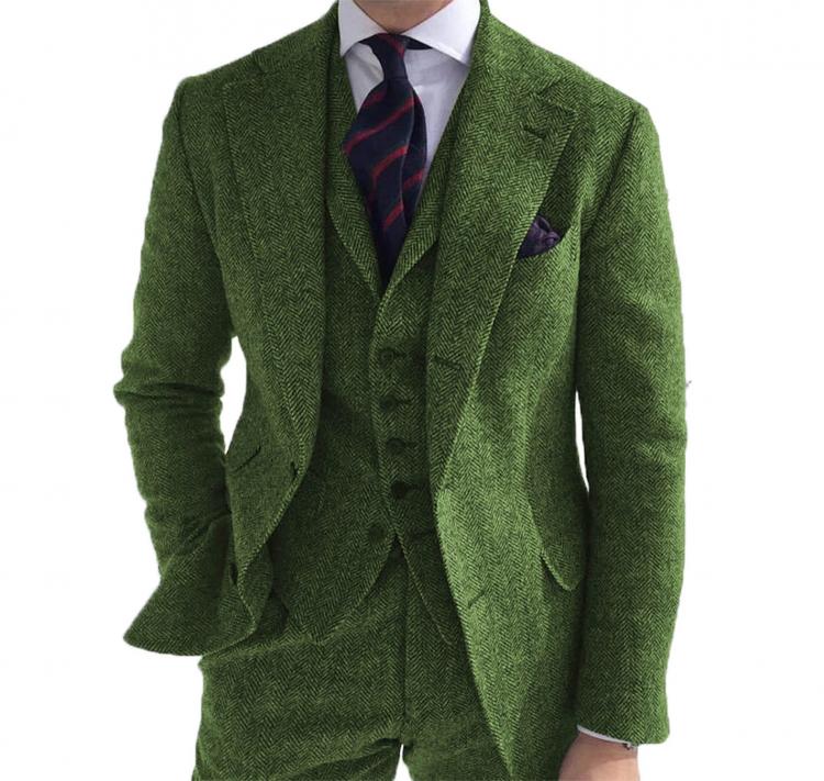 all in one place בגדי גברים Men‘s Suits 3 Pieces Green Wool Tweed Herringbone Business Retro Classic PatternTuxedos For Wedding Blazer Pants Vest
