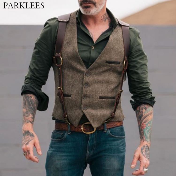 all in one place בגדי גברים Wool Tweed Men Suit Vests Victorian Steampunk Cosplay Mens Waistcoat with Suede Gentleman Groomman Wedding Slim Fit Men Gilet