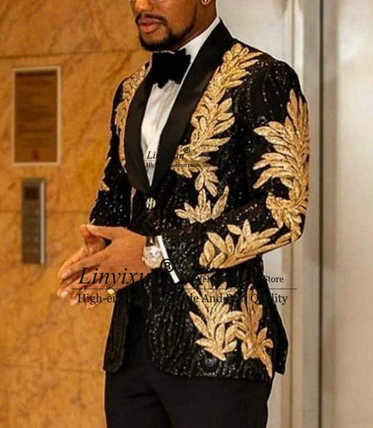 all in one place בגדי גברים Slim Fit terno masculino Shiny Sequins Gold Applique Suits Men Prom Tuxedos Grooms Set 2 Pieces(Blazer+Pants) Costume Homme