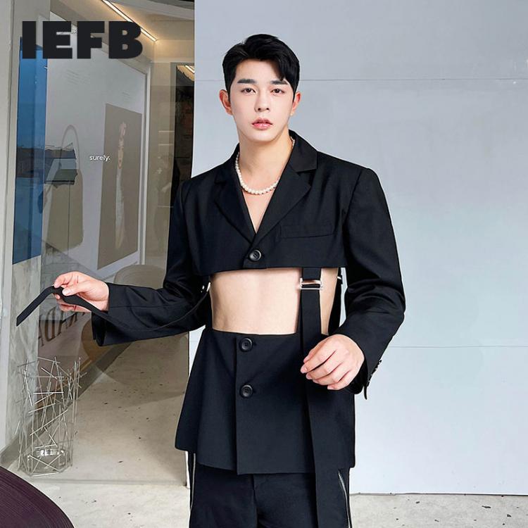 all in one place בגדי גברים IEFB 2021 Spring Summer Ins Personalized Cut Hollow Out Strap Multi Wearing Temperament Black Suit Niche Design Blazers 9Y7556