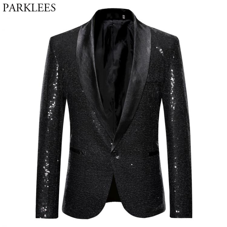 all in one place בגדי גברים Black Sequin One Button Shawl Collar Suit Jacket Men Bling Glitter Nightclub Prom DJ Blazer Jacket Men Stage Clothes for Singers