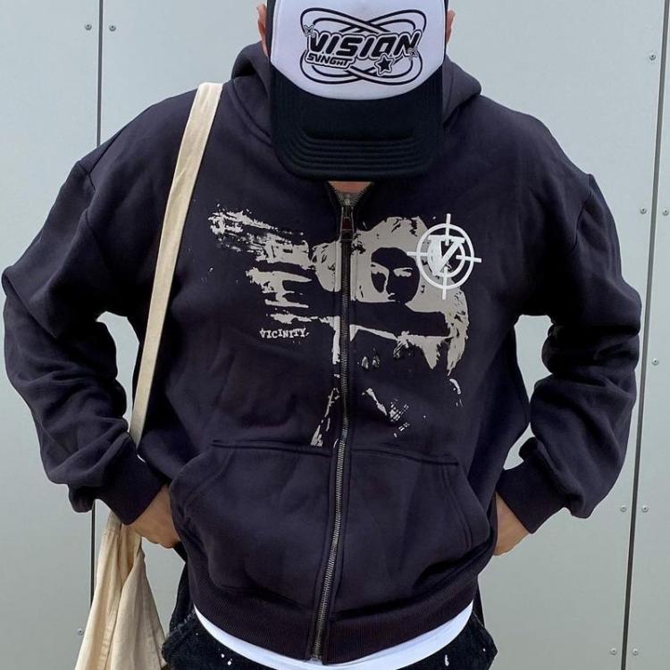 all in one place בגדי גברים Anime print Gothic Streetwear Long Sleeve Black Zip Hoodie Y2k Grunge clothes Sweatshirt Korean Fashion Punk Sport Coat Pullover
