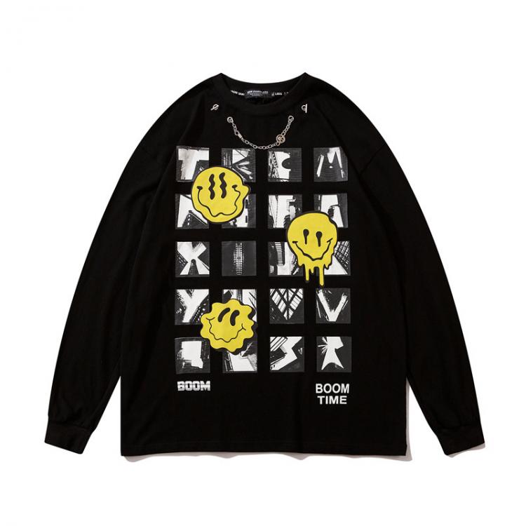 all in one place בגדי גברים Hip-hop Graffiti Smiley Print Sweatshirt Men's Long-Sleeved T-Shirt Street Loose Necklace Strip Pullover Tops T shirt for Men