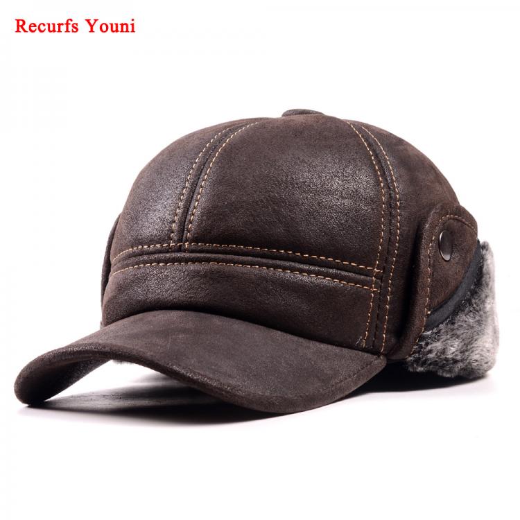 all in one place אביזרי גברים RY9100 Male Winter Genuine Leahter Suede Bomber Hat Man Nubuck Thick Head Warm Dome Caps Elder Black/Brown sewing Fitted Gorras