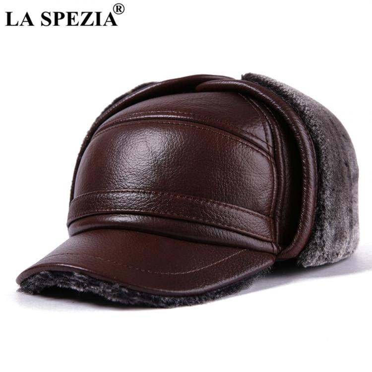 all in one place אביזרי גברים LA SPEZIA Winter Bomber Hat Men Russian Brown Leather Ushanka Cap With Ear Flaps Fur Warm Genuine Cow Leather Brand Baseball Cap