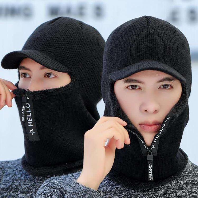 all in one place אביזרי גברים Hot Men Winter Knitted Hat With Zipper New Add Fur Lined Warm Brim Winter Hats For Men Keep Face Ear Warm Balaclava Cap