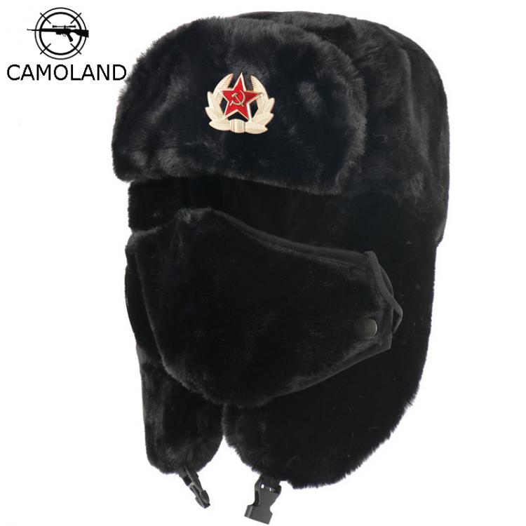 all in one place אביזרי גברים CAMOLAND Soviet Army Military Badge Bomber Hat Men Women Russia Ushanka Hats Faux Rabbit Fur Earflap Snow Caps Trapper Hats