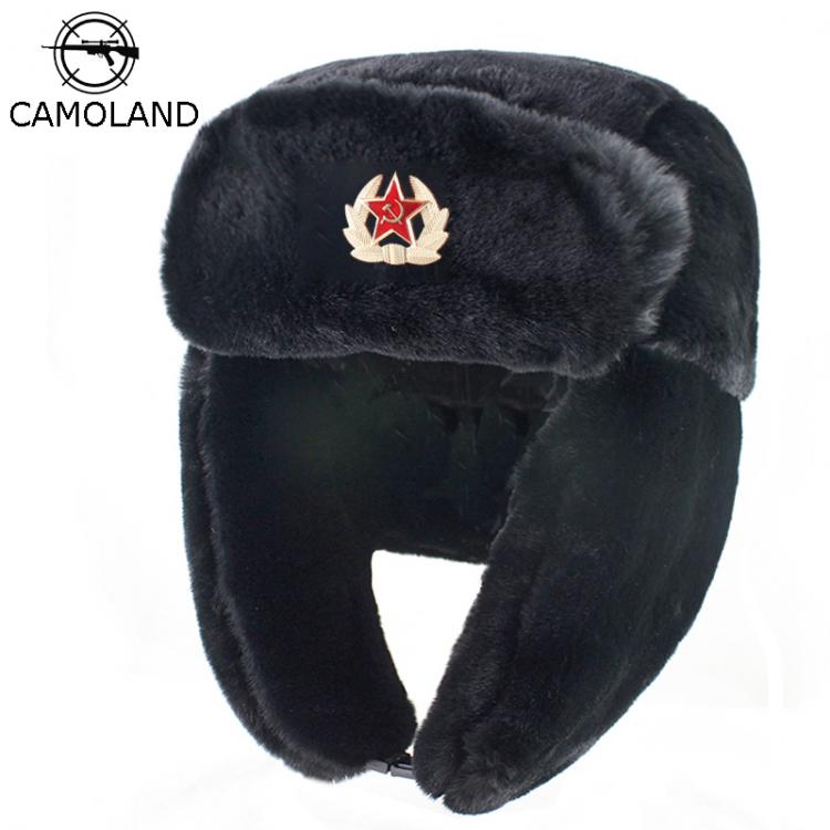 all in one place אביזרי גברים CAMOLAND Soviet Trapper Trooper Hat Mens Army Military Russian Ushanka Bomber Hat Winter Warm Caps Pilot Faux Rabbit Fur Earflap