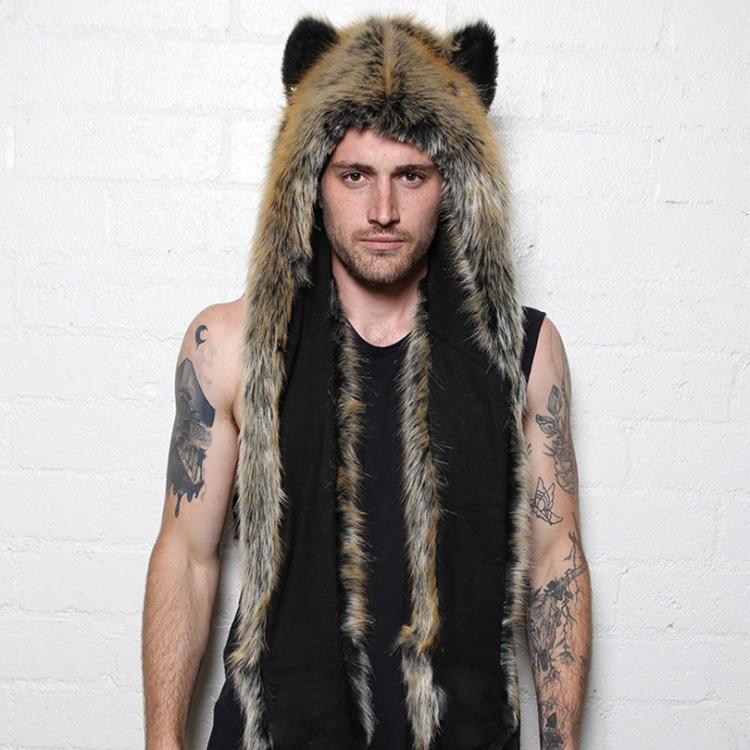 all in one place אביזרי גברים Men/Women Faux Fur Hood Animal Hat Ear Flaps Gloves 3in1 Animal Fur Hat Wolf Plush Warm Imitation Fur Hats Cap with Scarf Gloves