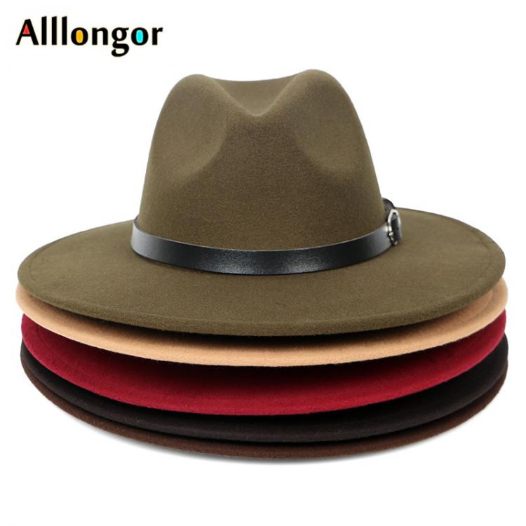all in one place אביזרי גברים HOT 2021 Autumn Winter Black Men Wool Fedora Hat Wide Brim Women Faux Woolen Ladies Fedoras Jazz Hat Belt Caps Bowler Felt Hats